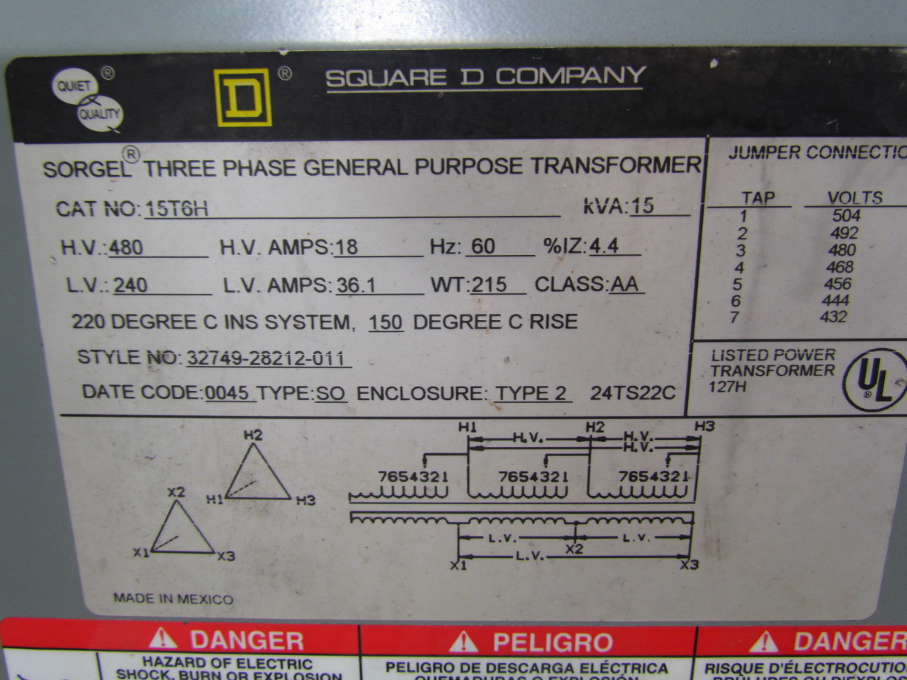 3 Phase Square D Transformer Plate [Fig. X]